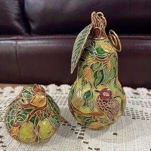 Vintage Cloisonné Enamel Pear and Bird. Intricate designed Ornaments Set of two.